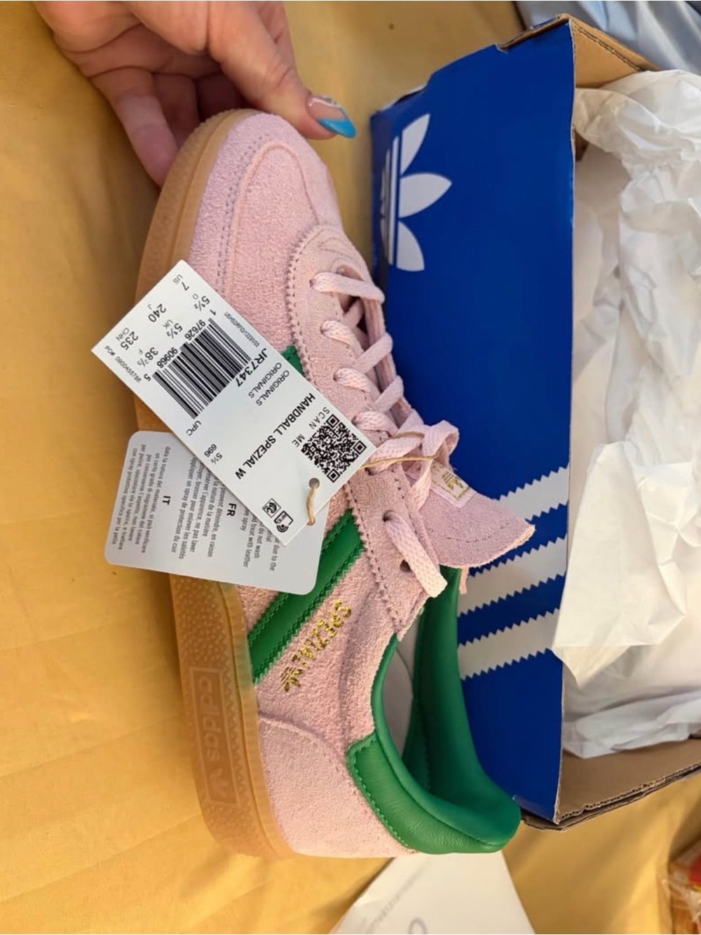 adidas Women's Pink Suede Sneakers with Green Stripes and Gum Sole - Picture 3 of 4